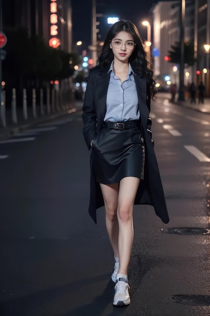 A pretty girl in a shirt and skirt with a coat and sneaker is walking on the street at night