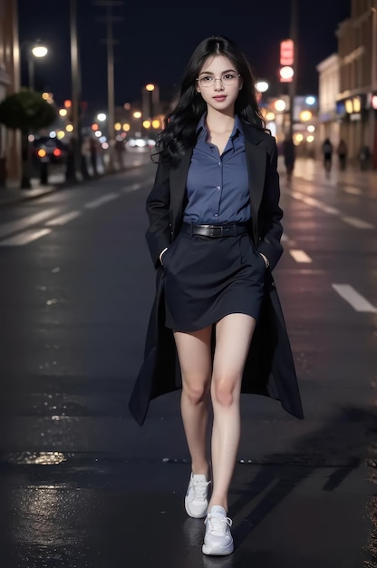코트와 운동화를 신고 셔츠와 스커트를 입은 예쁜 소녀가 밤에 거리를 걷고 있다