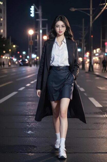 A pretty girl in a shirt and skirt with a coat and sneaker is walking on the street at night