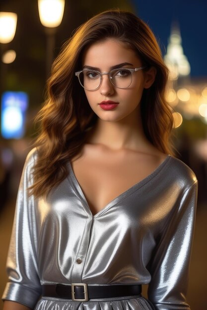 Photo a pretty girl in silver cloths and glasses is standing on street at night