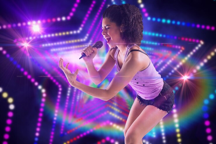 Photo pretty girl singing against digitally generated star laser background