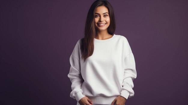 Pretty girl smiling in a blank white style Gildan sweatshirt mockup purple background AIgenerated