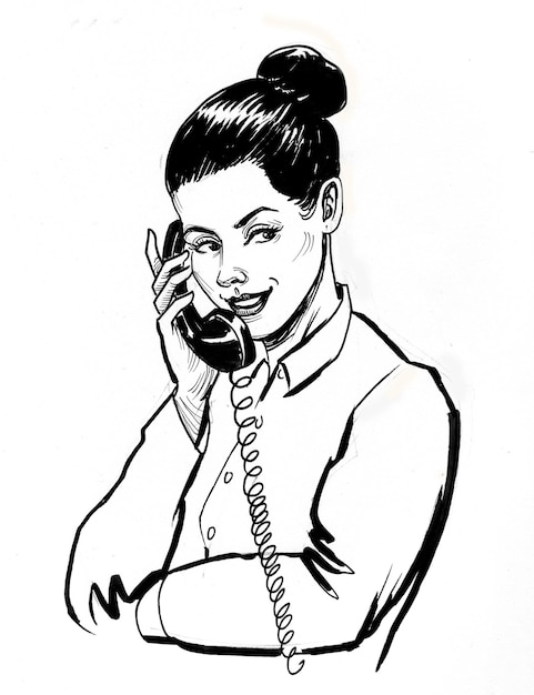 Pretty girl speaking over retro telephone. Ink black and white drawing