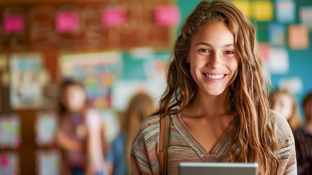 Pretty girl standing holding a tablet with the background of the class blurred and school children