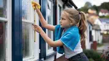 Photo pretty girl wahses windows with blue towel carefuly