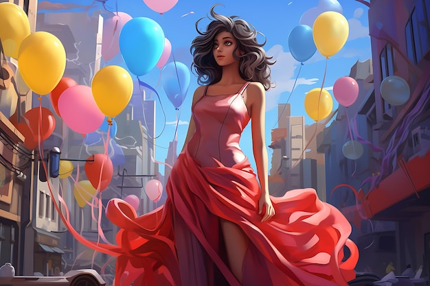 Photo a pretty girl walking through the city surrounded by colorful balloons