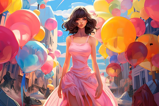 Photo a pretty girl walking through the city surrounded by colorful balloons