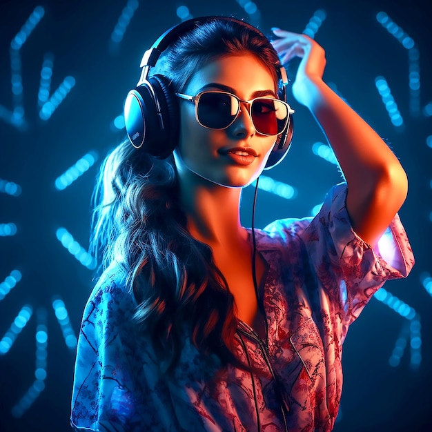 A pretty girl wearing a black headphones and sunglasses