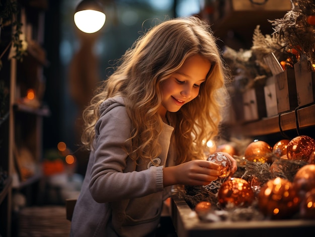 A pretty girl wearing Christmas winter theme dress shopping some ornaments lights