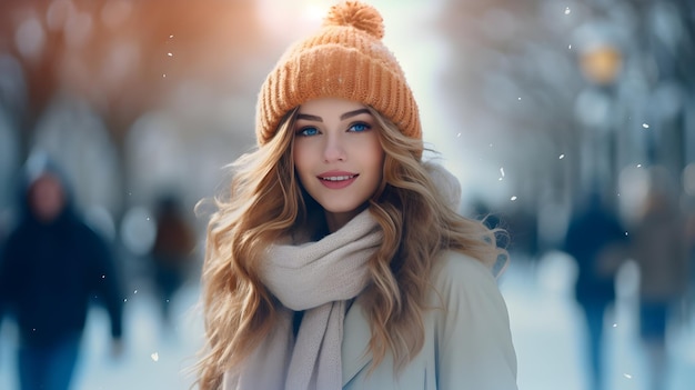 Pretty girl wearing a warm hat and scarf in a winter street