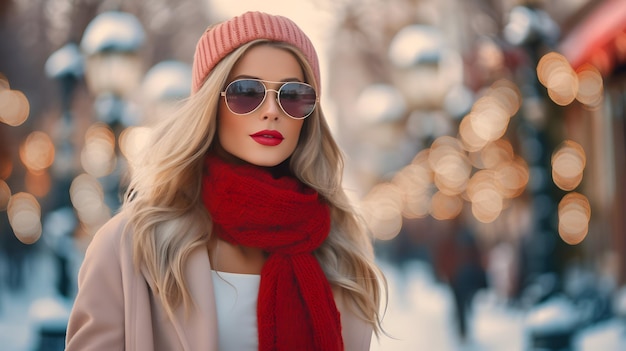 Pretty girl wearing a warm hat and scarf in a winter street