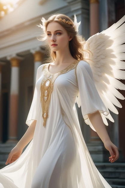 Foto una bella ragazza con un vestito bianco da angelo