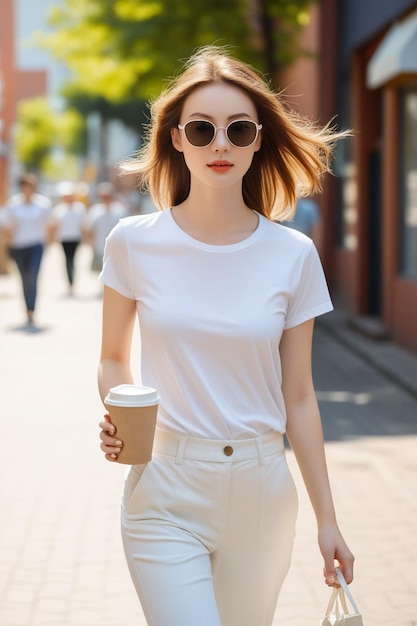  셔츠와 바지를 입은 예쁜 소녀가 이 많은 거리에서 손에 커피 컵을 들고 있다