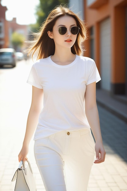 A pretty girl in white shirt and pants sunglasses is walking on the sunny street