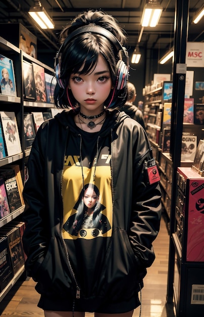 Foto ragazza carina con i capelli colorati in abiti di pelle nera e cuffie in piedi in un negozio di giochi