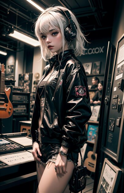 Красивая девушка с красочными волосами в черной кожаной одежде и наушниках стоит в игровом магазине