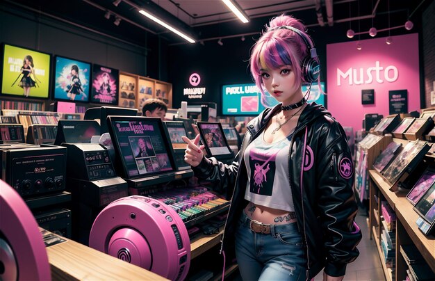 写真 黒い革の服とヘッドフォンを着てゲームショップに立っているカラフルなの美しい女の子