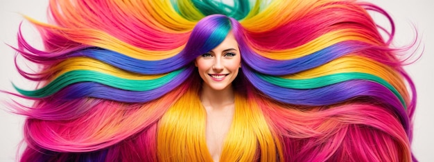 Pretty girl with colorful hair Young smiling European woman with bright makeup and rainbow dyed hairstyle Lots of of colored fluttering curls Professional haircut and coloring Generative AI