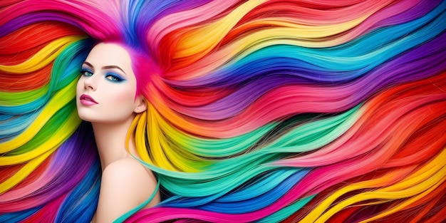 Pretty girl with colorful hair Young woman with bright makeup and rainbow dyed hairstyle Female face on background of colored fluttering curls Professional haircut and coloring Generative AI