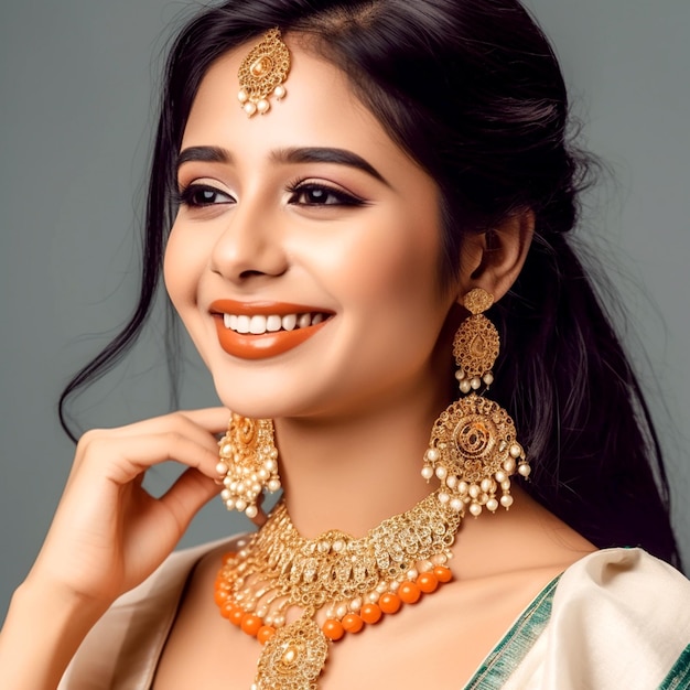 A pretty girl with a cute face in an abstract saree and gold jewelry on a gray background