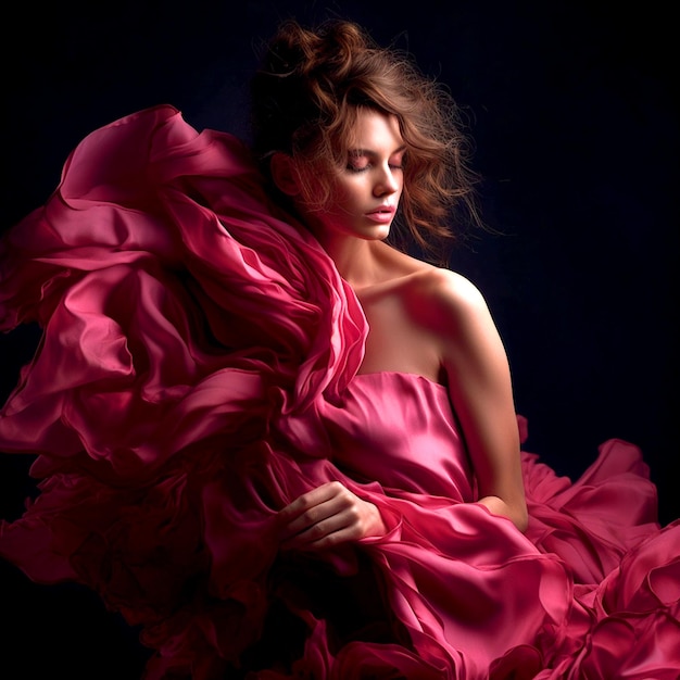 A pretty girl with a elegant pink ruffled dress on a dark background