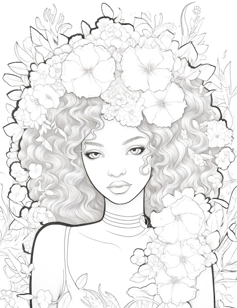 Foto bella ragazza con un fiore nei capelli colorazione pagina contorno