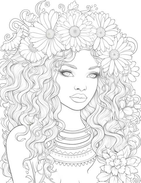 pretty girl with flowers in her curly hair coloring page for adult