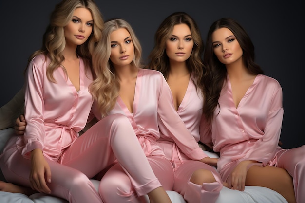 Pretty girls are sitting on a bed in pink night suit