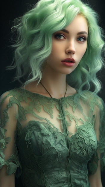 A pretty green hair lady wearing a green lace dres