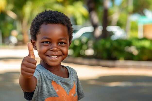 Photo pretty happy little african boy showing thumbs up outdoors