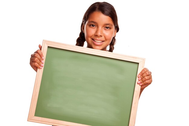 Pretty Hispanic Girl Holding Blank Chalkboard