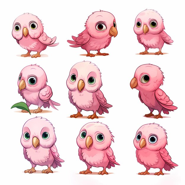 Pretty in Pink Cute Girlish Parrot Character Sheet met verschillende uitdrukkingen en een staande pose