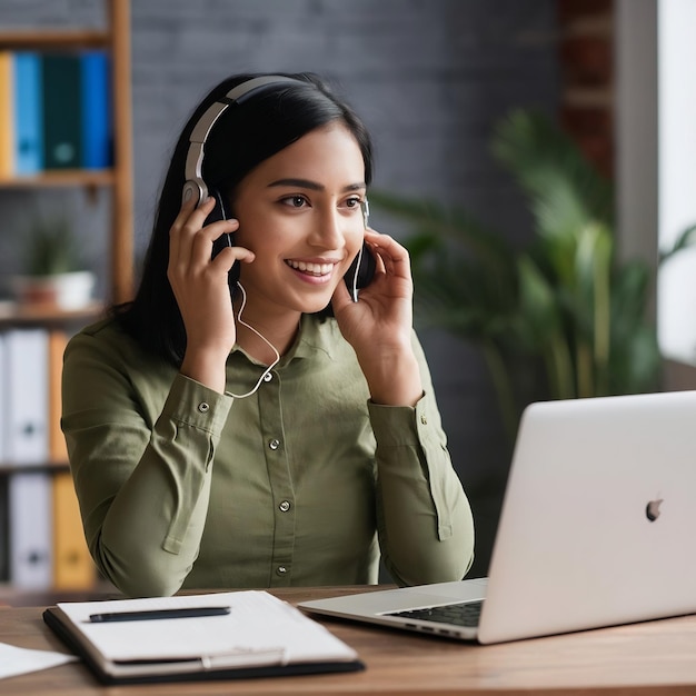 Pretty indian asian girl or bpo or call centre employee speaking on headphone with laptop on table