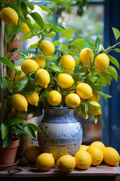 in a pretty iron pot lemon tree on top of that on white background