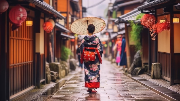 AIが生成した傘を持って京都の旧市街を歩く着物を着たかわいい日本人女性