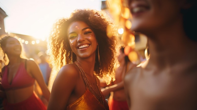 Foto pretty jonge braziliaanse vrouw dansen onder vrienden op carnaval feest in de straat sunset licht conc