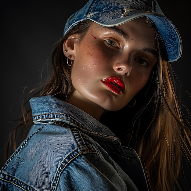 Pretty jonge vrouw denim pet rode lippen glamour mode studio model ongewijzigd