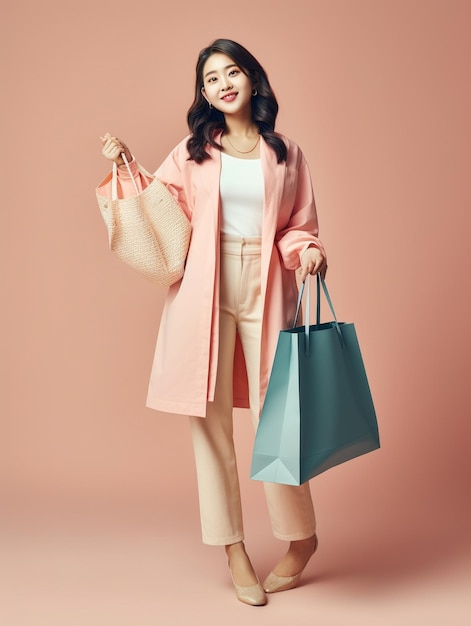 pretty Korean girl holding a lot of shopping bags on two hands