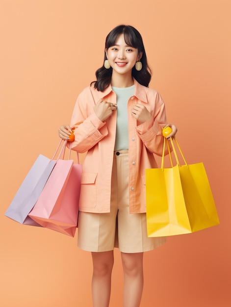 pretty Korean girl holding a lot of shopping bags on two hands