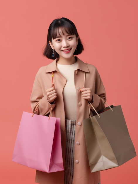 Pretty korean girl holding a lot of shopping bags on two hands