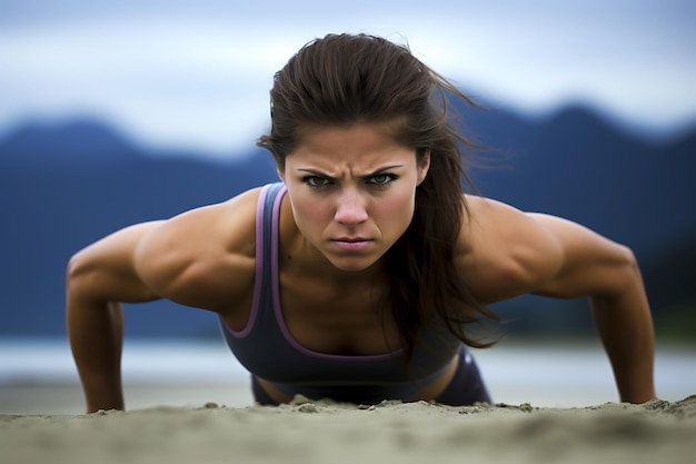 Pretty lady training on a summer beach