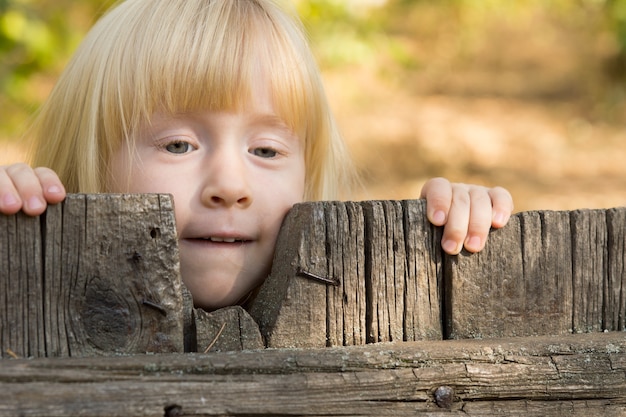 Pretty little blond girl peering over an old rustic wooden fence with a thoughtful expression