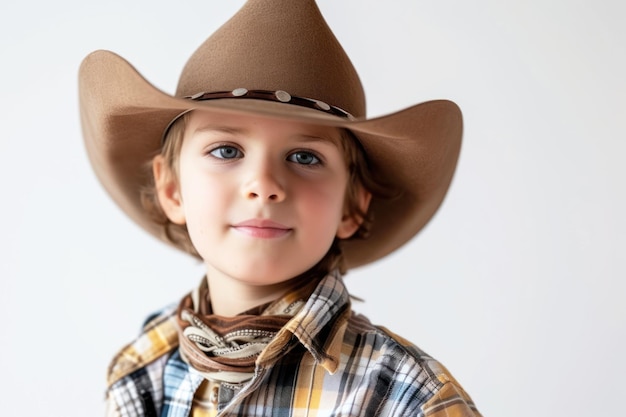 Pretty little boy in cowboy style in white background Young cowgirl pose against white background