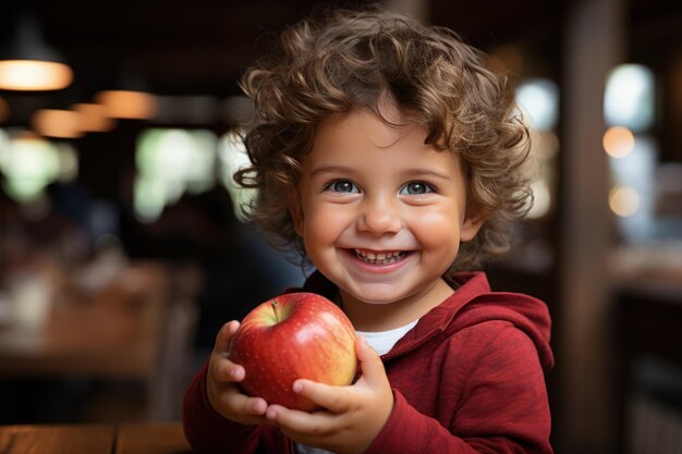 Photo pretty little boy with an apple in a cafe