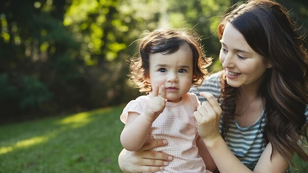 Pretty little child holds mothers finger sitting on her arms