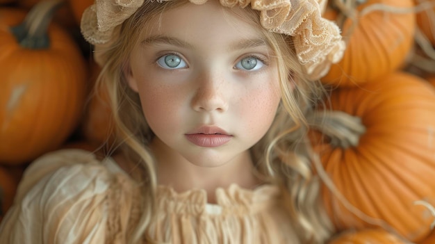 Pretty Little Girl Costume Pumpkin Posing Background HD Illustrations