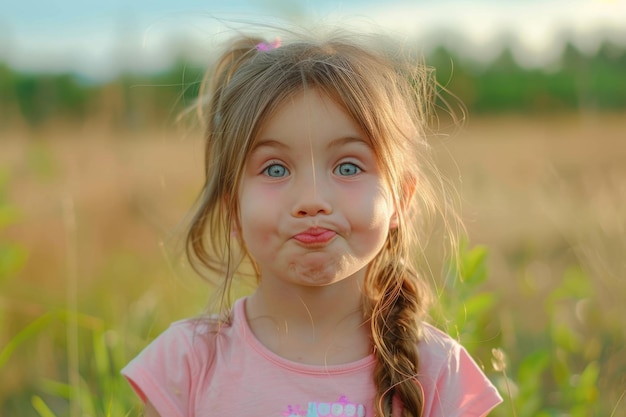 Pretty little girl in pink making funny face