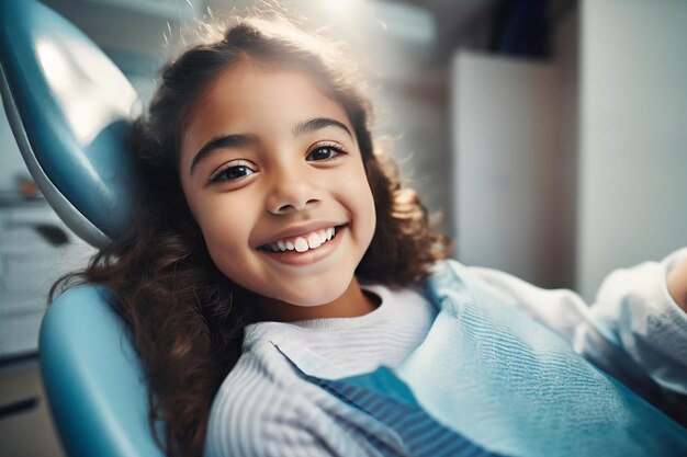 Photo pretty little girl smiling sitting at the dentists office