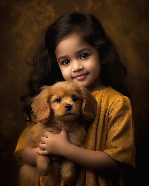 Pretty little girl with long brown hair in pink summer dress posing with small cute Generative AI