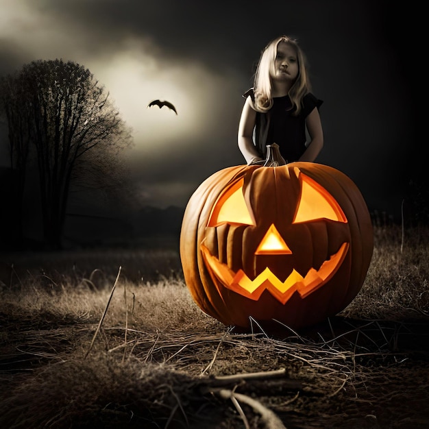 Pretty little pumpkin Halloween girl with a pumpkin head for Halloween